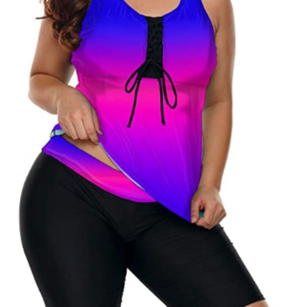 Blue Purple Women's Plus Size Rash Guard Capris Tankini Athletic Swimwear